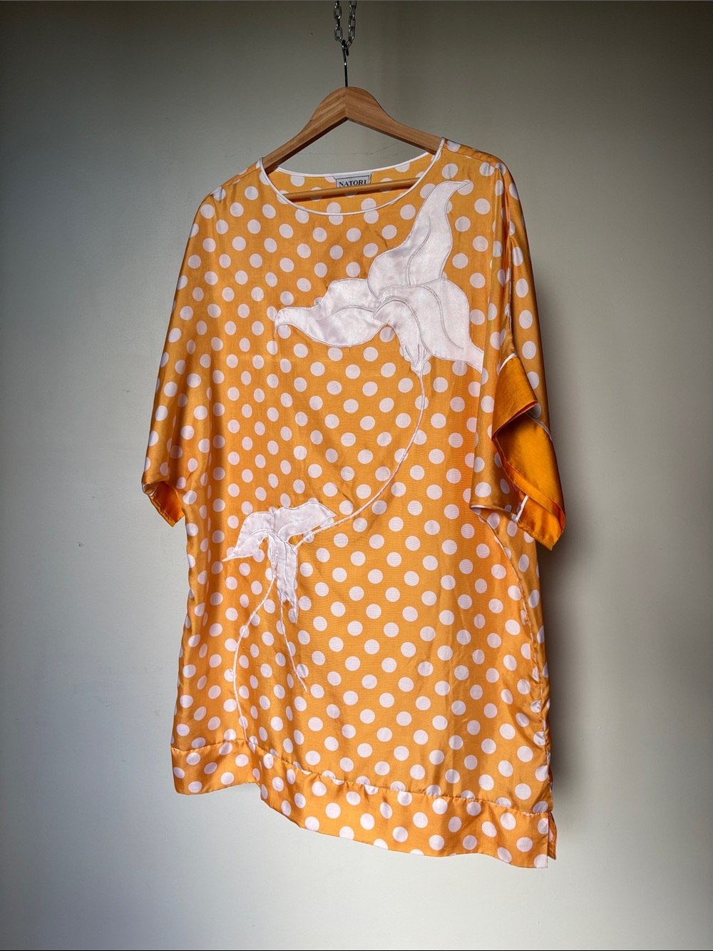Vintage Natori Silky Caftan Gown Polka Dot Floral Applique Lounger